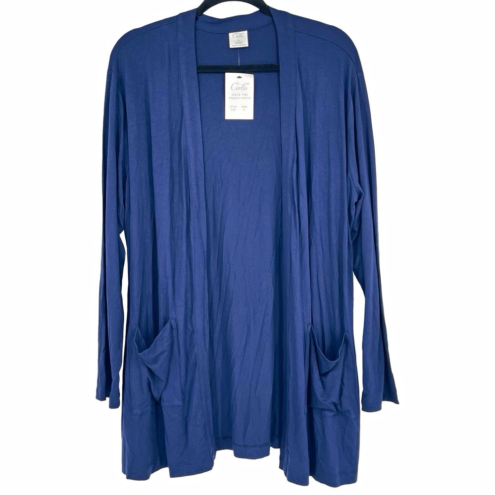 Cielo Womens L Navy Blue Long Open Cardigan Duster Pockets Minimalist Coastal